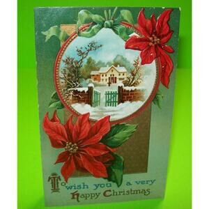 Vintage Happy Christmas Postcard Antique Embossed Original Germany Winter Scene